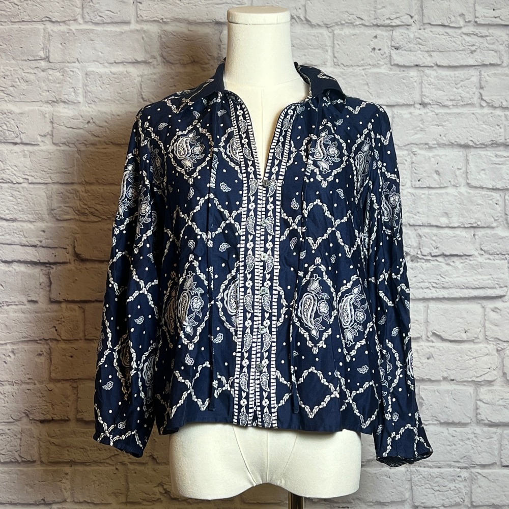 LOFT Petites Navy White Paisley Print Blouse XS Petite Long Sleeve